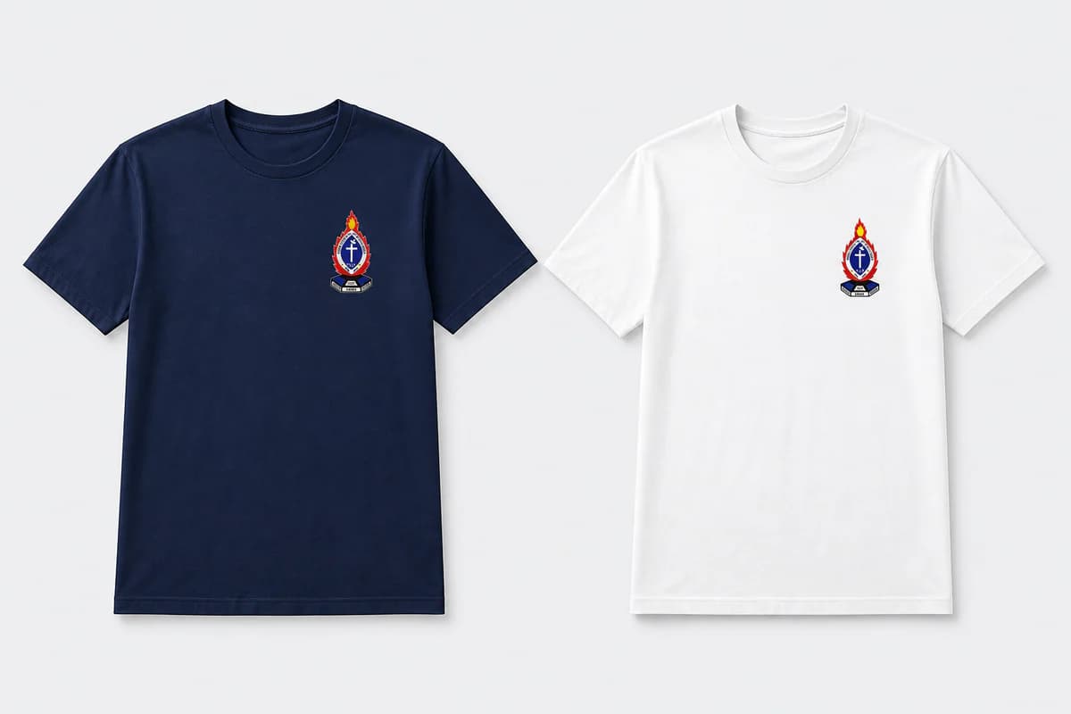 Navy and white PCEA church crest T-shirts